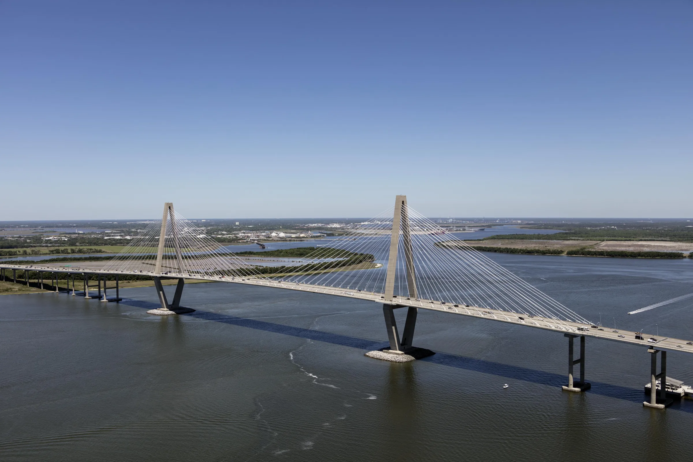 Aerial view of the Arthur Ravenel Jr. Bridge over the Cooper River in Charleston, SC